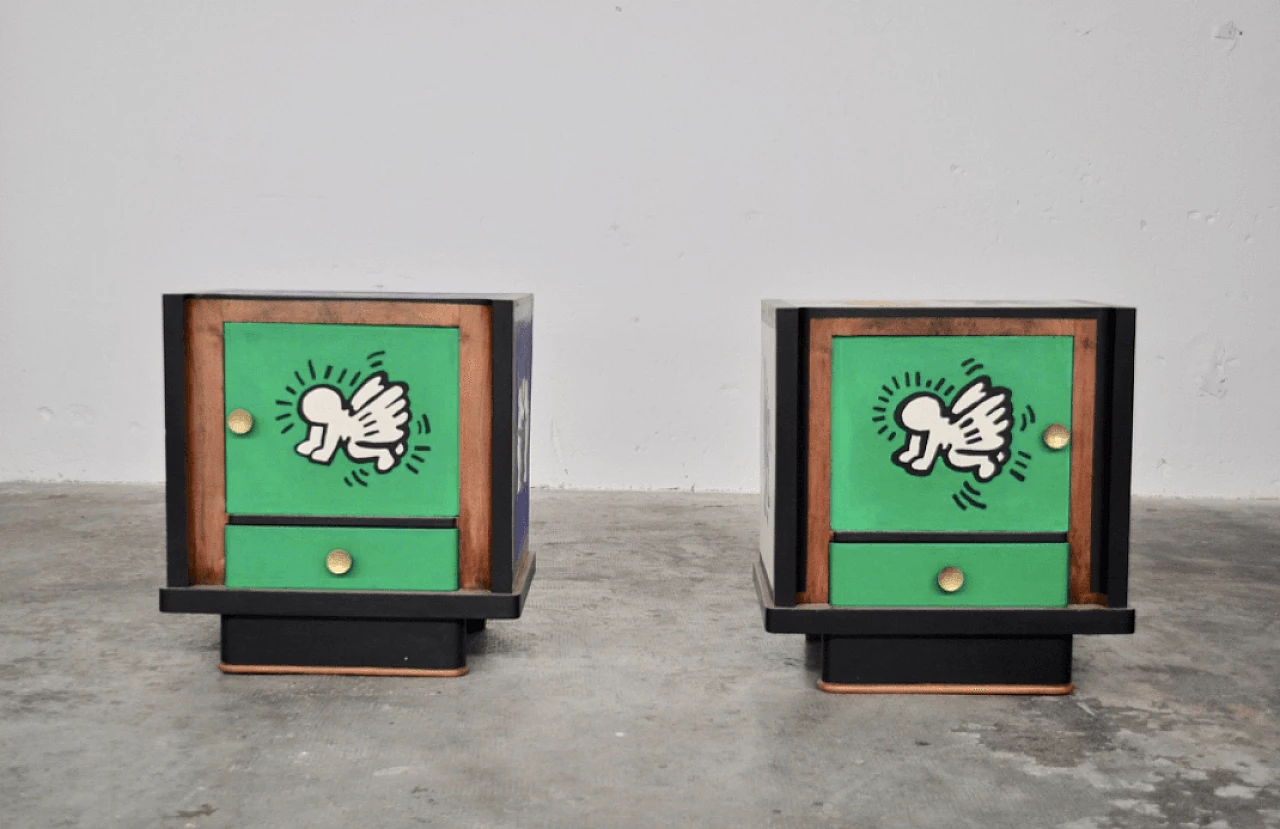 Pair of walnut bedside tables painted with Keith Haring motifs, 1980s 1372674
