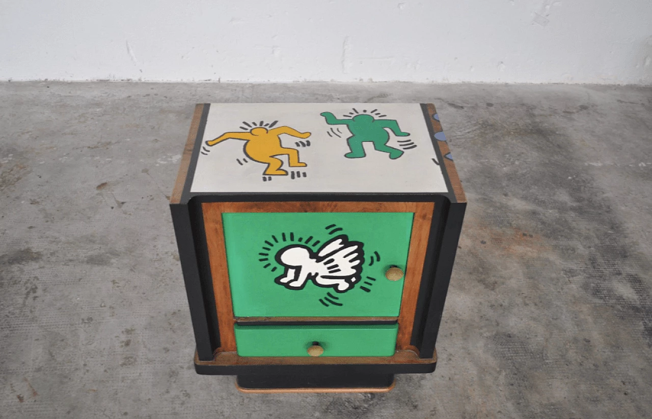 Pair of walnut bedside tables painted with Keith Haring motifs, 1980s 1372676