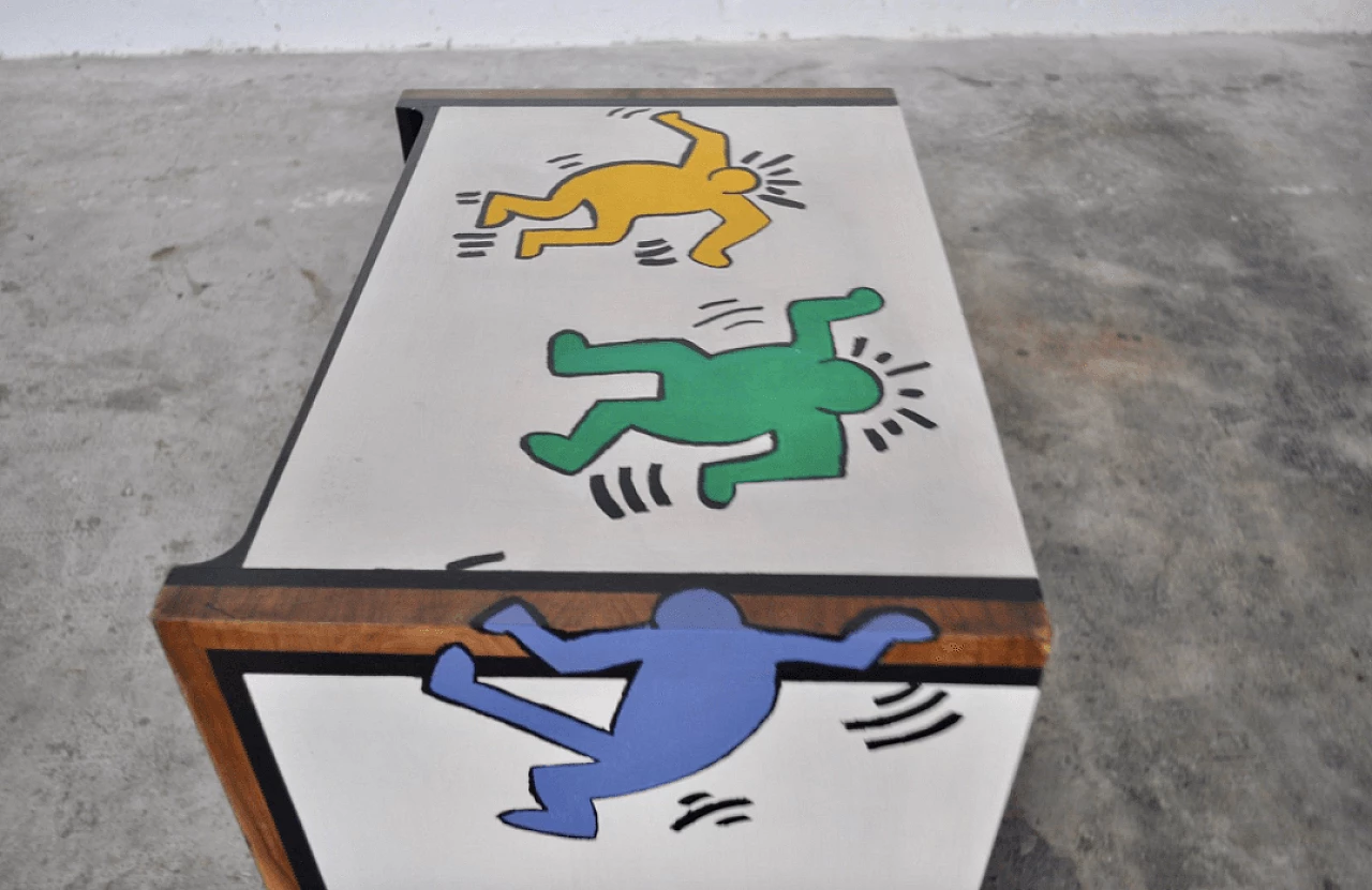Pair of walnut bedside tables painted with Keith Haring motifs, 1980s 1372680