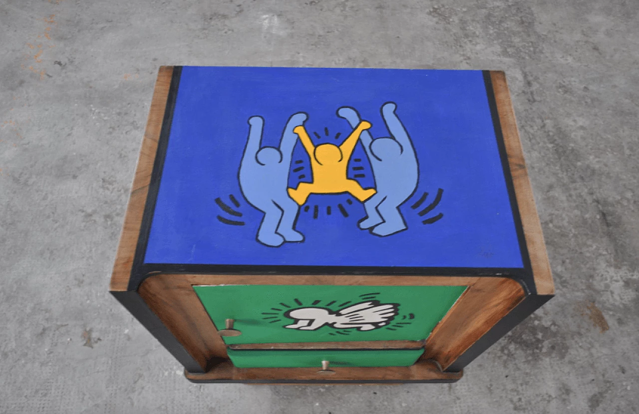 Pair of walnut bedside tables painted with Keith Haring motifs, 1980s 1372681