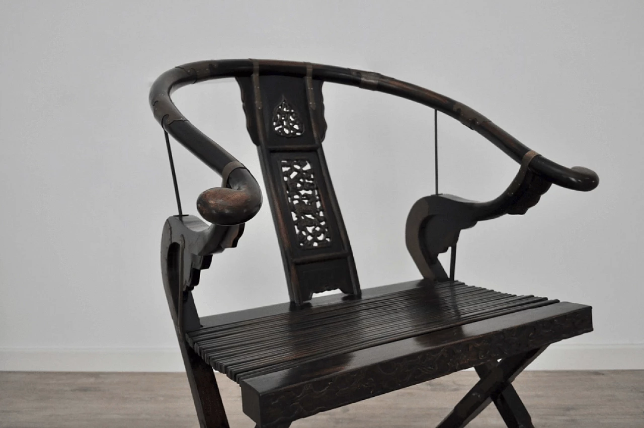 Sedia cinese pieghevole in legno di olmo e metallo, fine '800 1372689