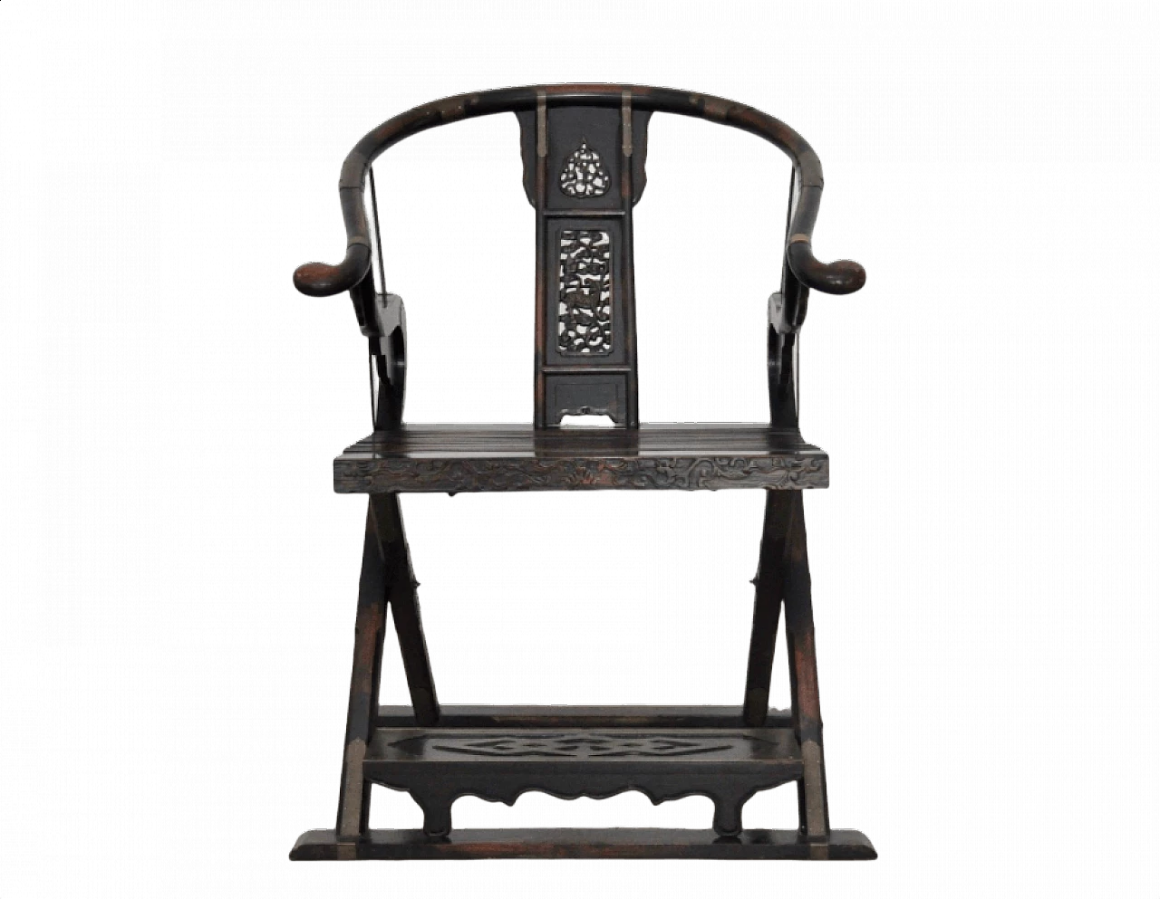 Sedia cinese pieghevole in legno di olmo e metallo, fine '800 1372699