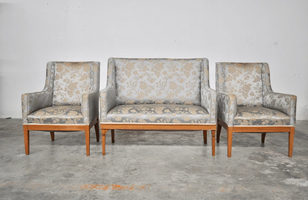 Austrian ashwood and silk sofa and pair of armchairs, 1930s 1372759