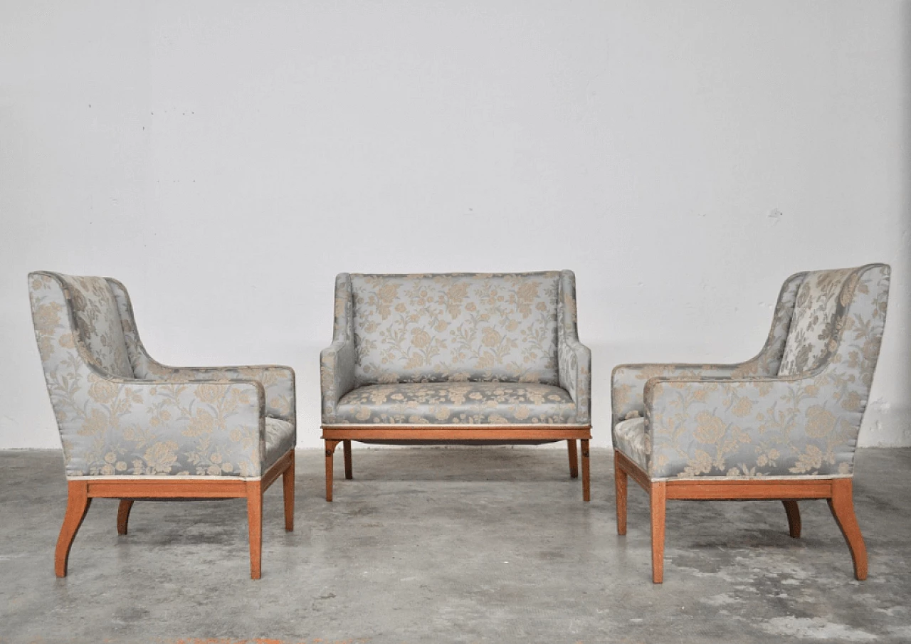 Austrian ashwood and silk sofa and pair of armchairs, 1930s 1372760