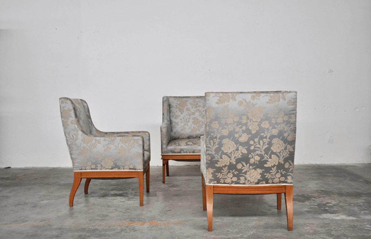 Austrian ashwood and silk sofa and pair of armchairs, 1930s 1372761