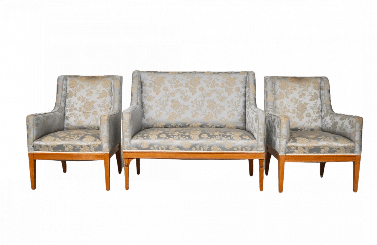 Austrian ashwood and silk sofa and pair of armchairs, 1930s 1372765