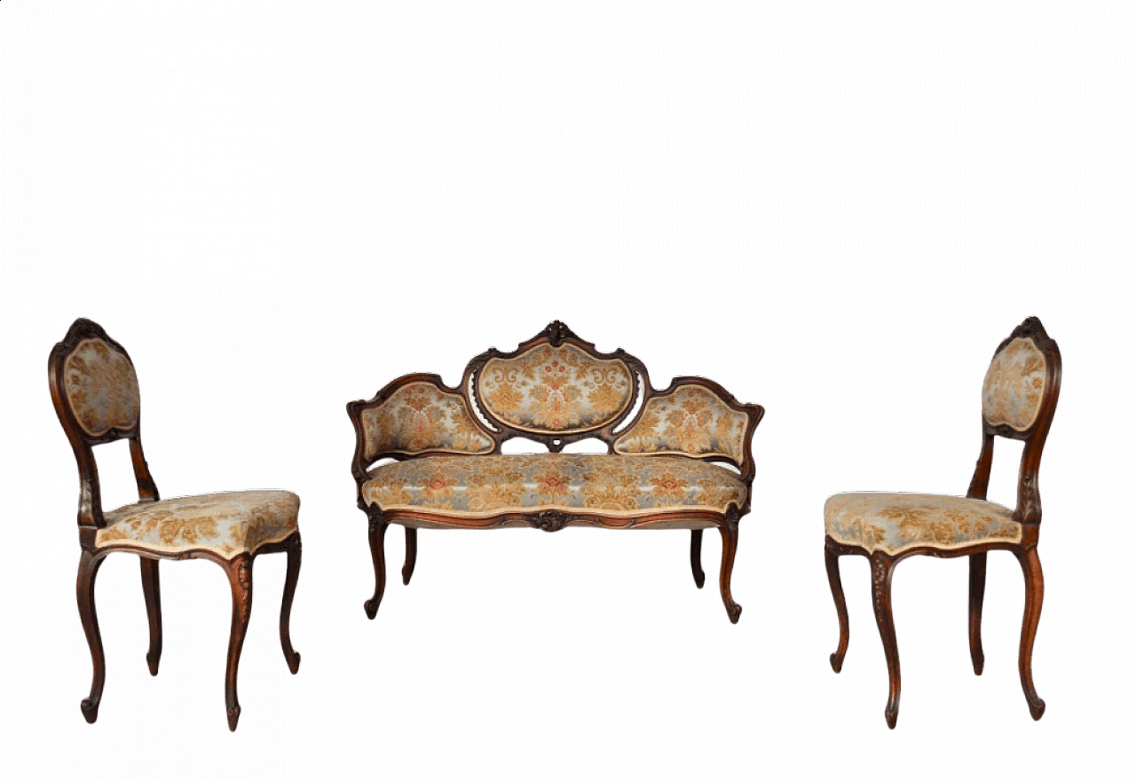 Sofa and pair of carved walnut chairs, 1920s 1372776