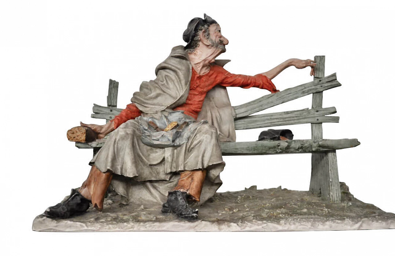 Scultura di anziano su panchina in ceramica di Capodimonte, anni '50 1372787