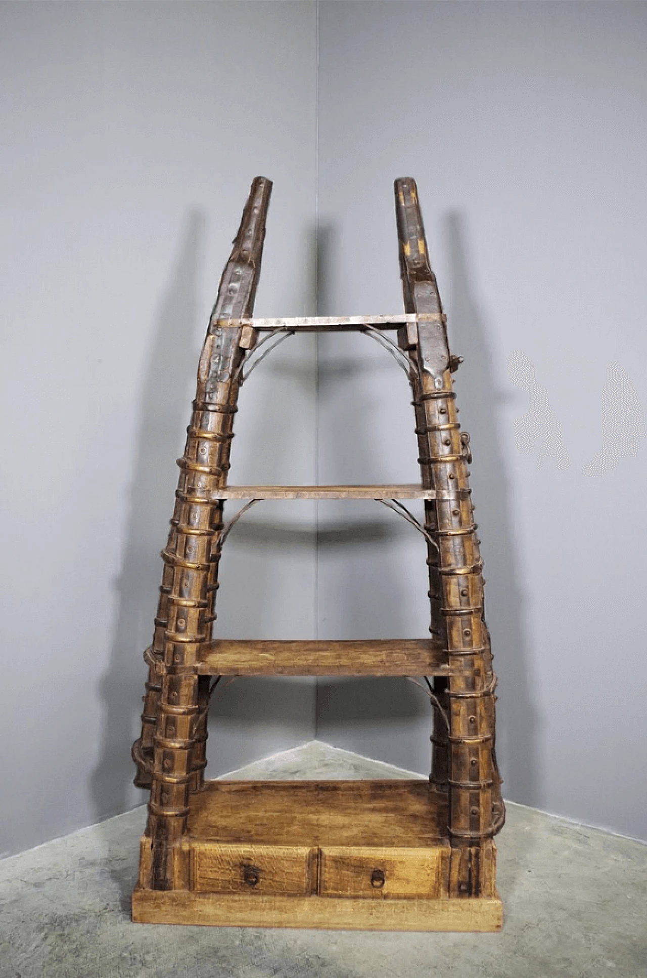 Indian teak bookcase recovered from an old wagon, 1980s 1372865