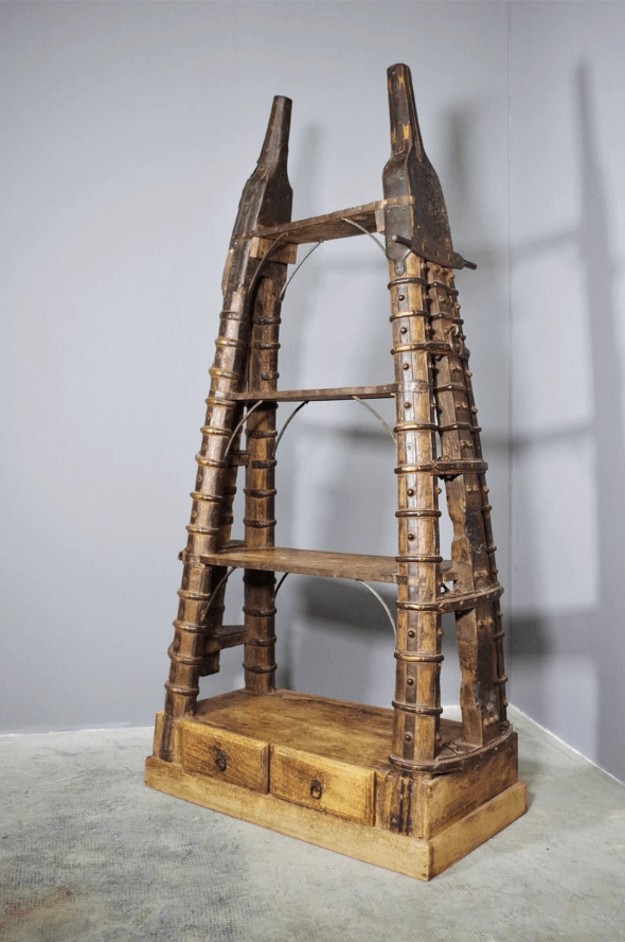 Indian teak bookcase recovered from an old wagon, 1980s 1372866