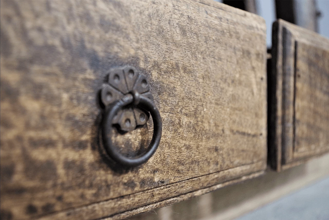 Indian teak bookcase recovered from an old wagon, 1980s 1372878