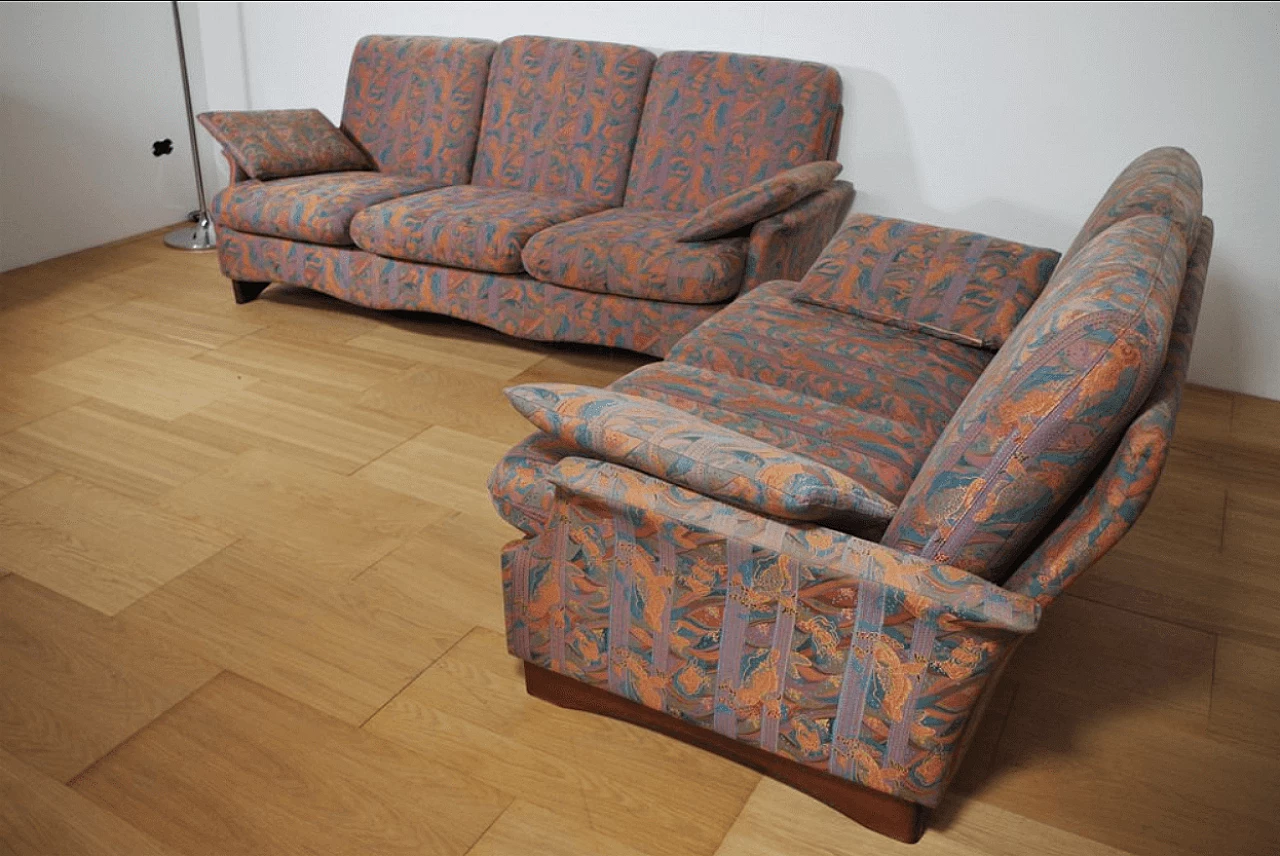 Pair of coloured sofas with wooden frame, 1970s 1372978