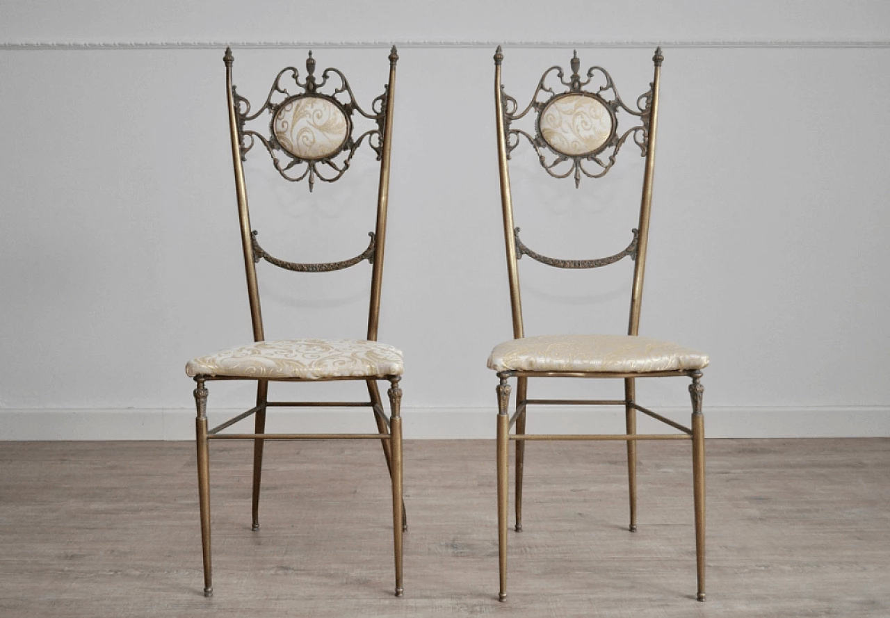 Pair of Chiavari brass chairs with satin seat, 1950s 1373115