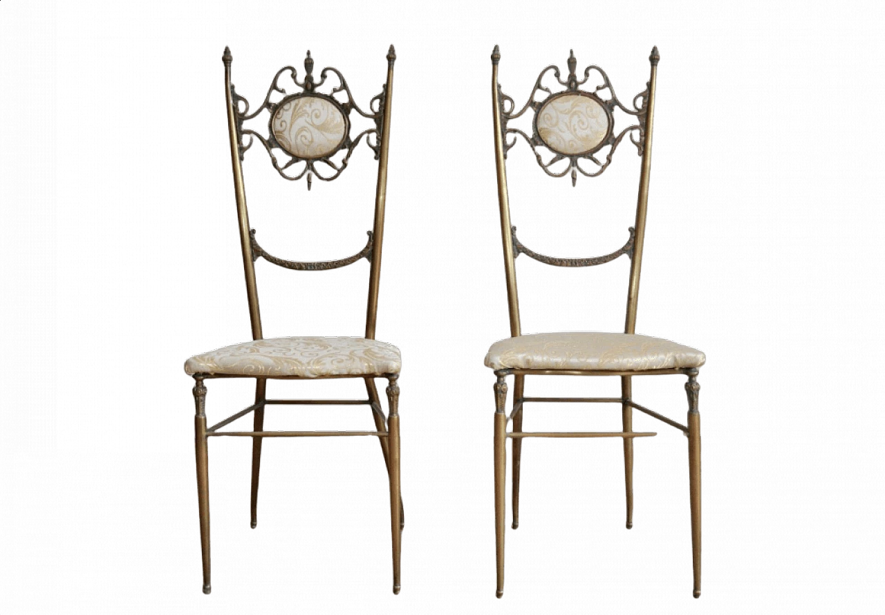Pair of Chiavari brass chairs with satin seat, 1950s 1373121