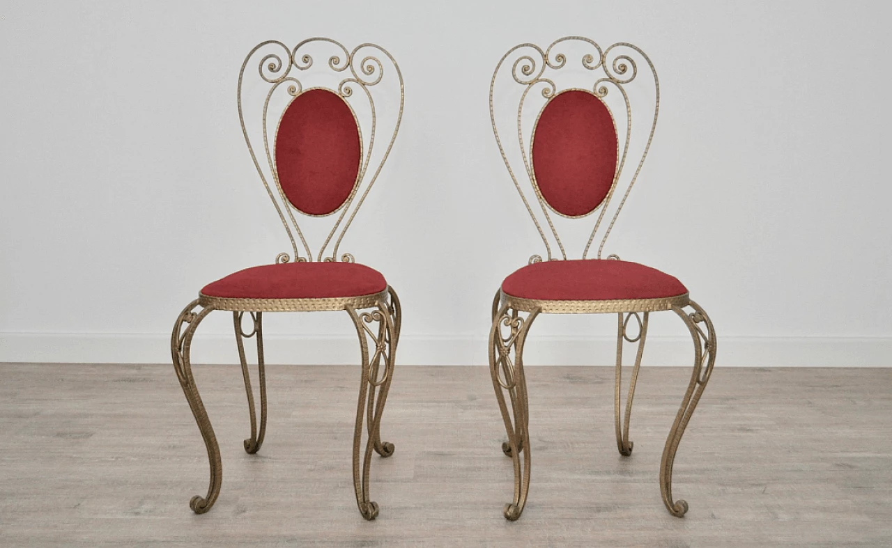 Coppia di sedie in ferro battuto e velluto, anni '70 1373209