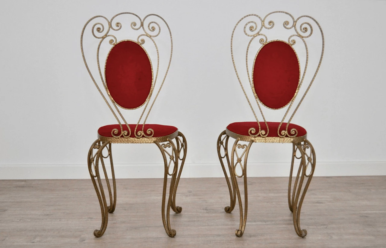 Coppia di sedie in ferro battuto e velluto, anni '70 1373210