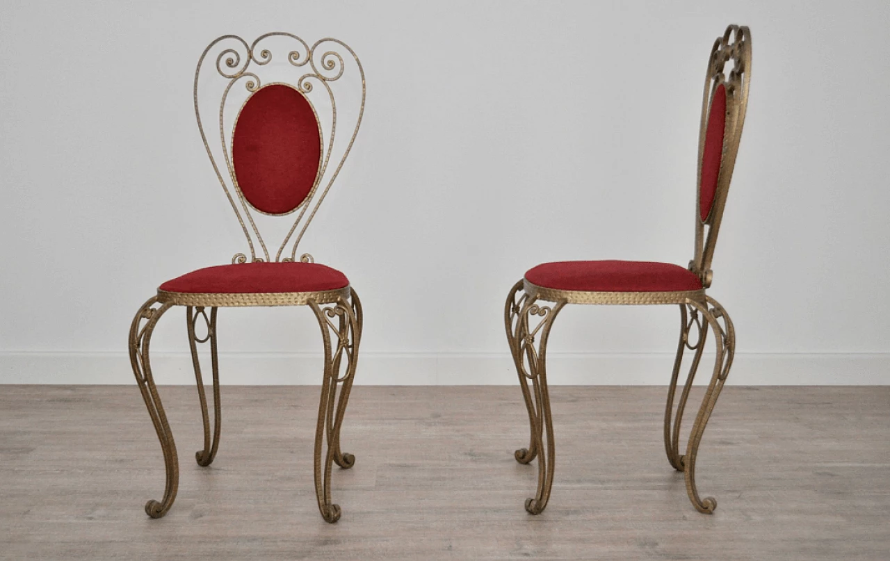 Coppia di sedie in ferro battuto e velluto, anni '70 1373211