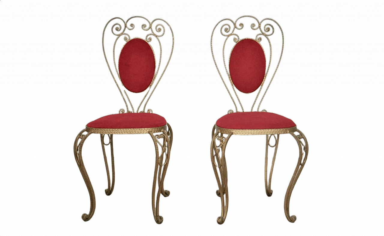 Coppia di sedie in ferro battuto e velluto, anni '70 1373225