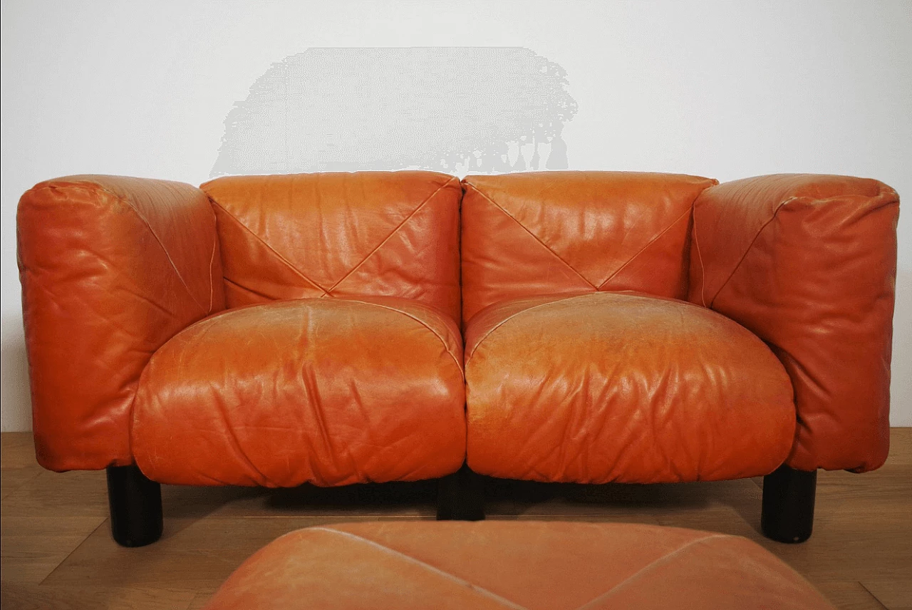 Pair of Techniform sofas and pouf in orange leather by Mario Marenco for Arflex, 1970s 1373362