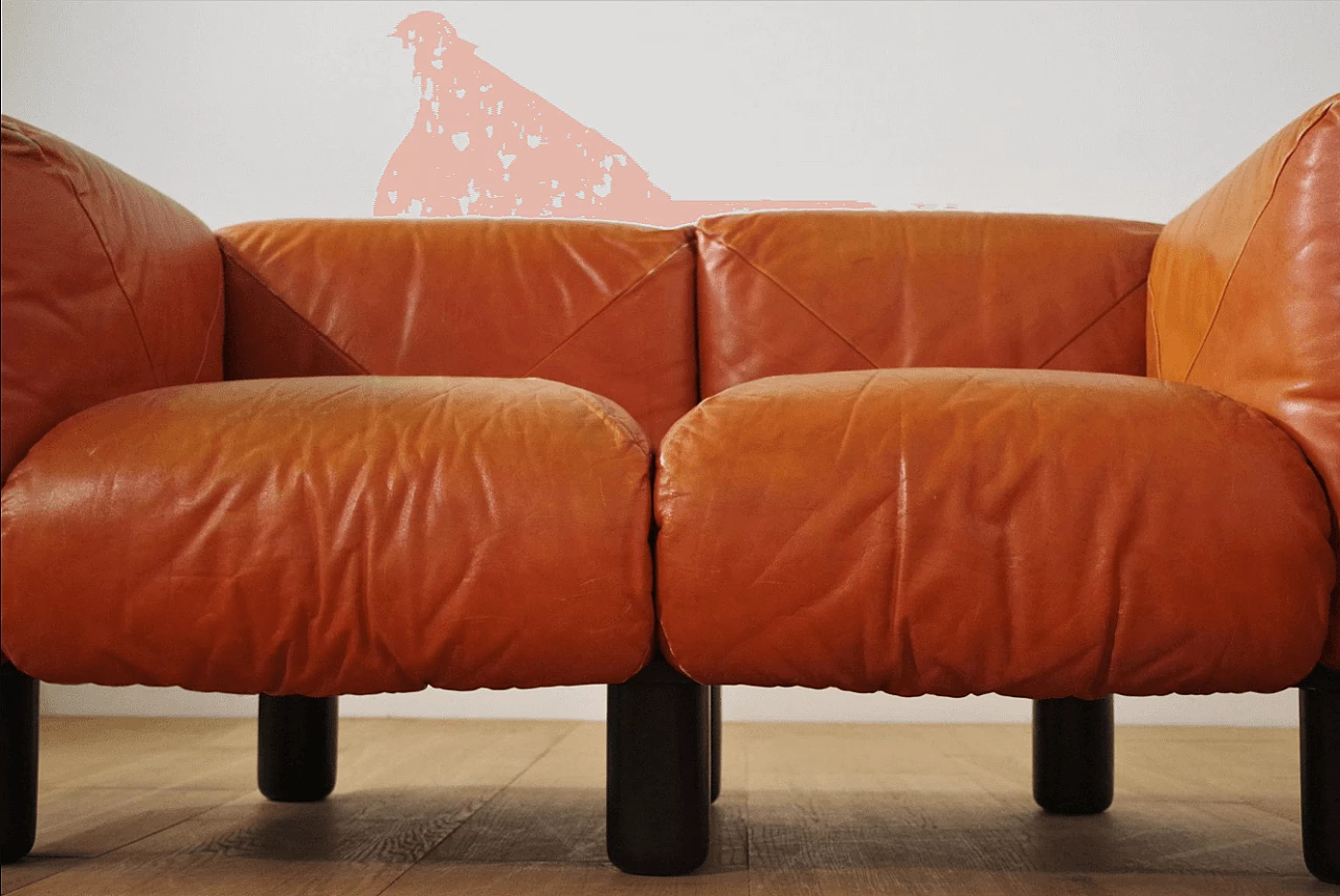 Pair of Techniform sofas and pouf in orange leather by Mario Marenco for Arflex, 1970s 1373365