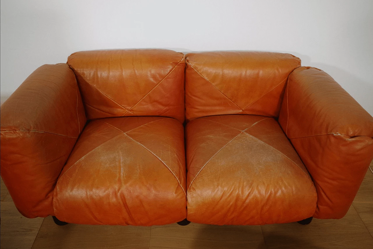 Pair of Techniform sofas and pouf in orange leather by Mario Marenco for Arflex, 1970s 1373372