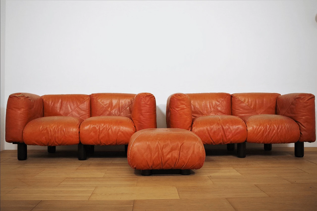 Pair of Techniform sofas and pouf in orange leather by Mario Marenco for Arflex, 1970s 1373375