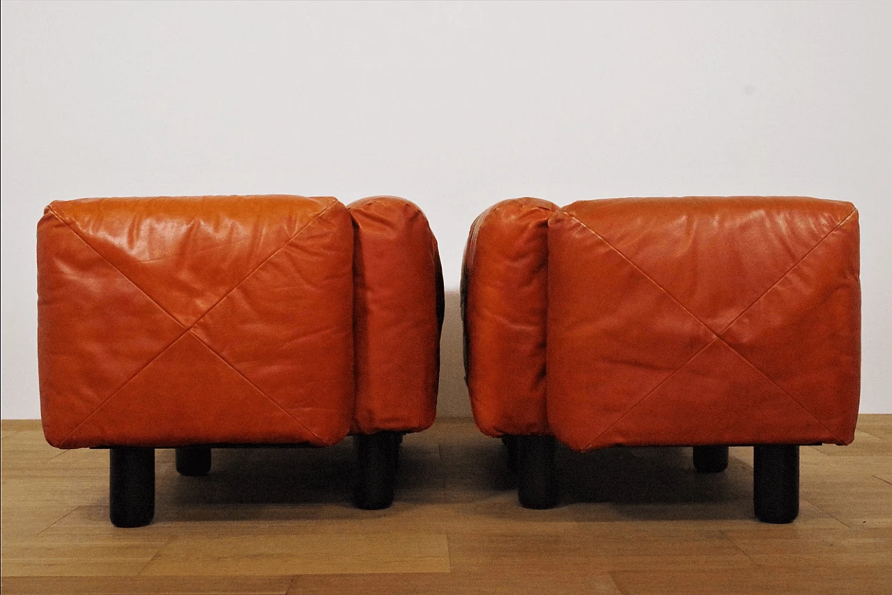 Coppia di divani e pouf Techniform in pelle arancione di Mario Marenco per Arflex, anni '70 1373376