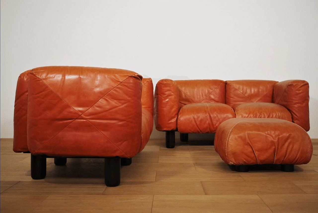 Pair of Techniform sofas and pouf in orange leather by Mario Marenco for Arflex, 1970s 1373377