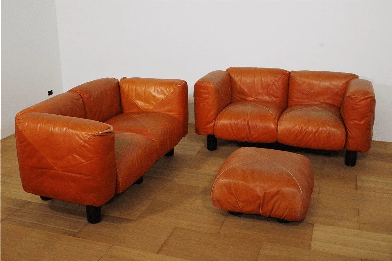 Pair of Techniform sofas and pouf in orange leather by Mario Marenco for Arflex, 1970s 1373378