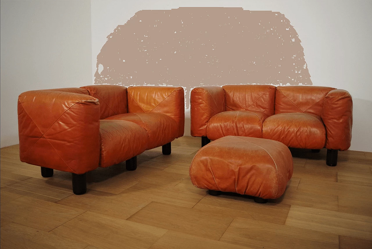 Pair of Techniform sofas and pouf in orange leather by Mario Marenco for Arflex, 1970s 1373379
