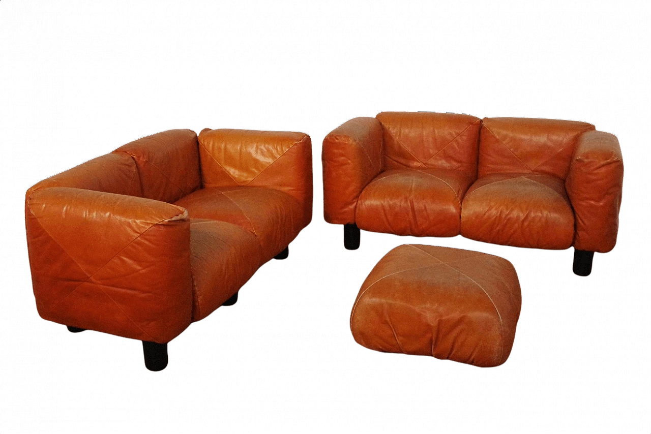 Coppia di divani e pouf Techniform in pelle arancione di Mario Marenco per Arflex, anni '70 1373380