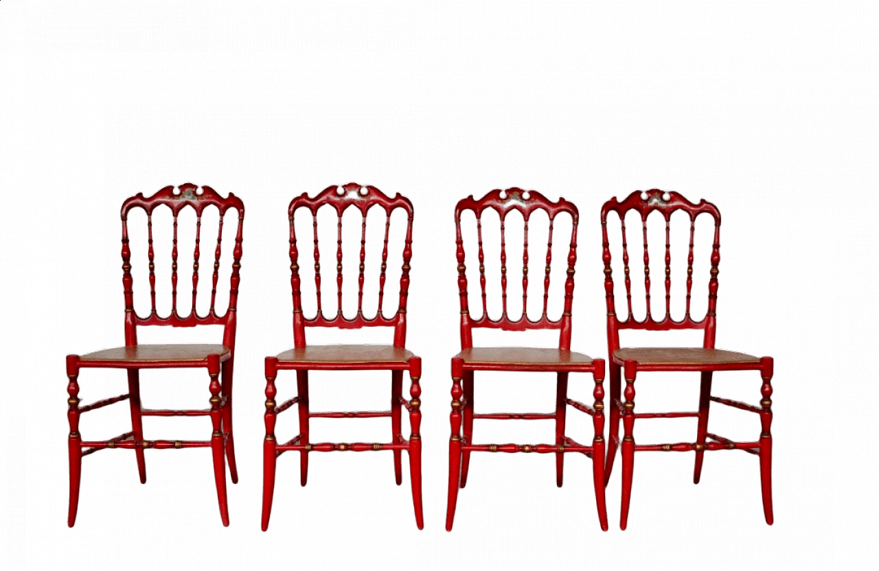 4 Sedie Chiavarine laccate rosse e oro, anni '50 1373529