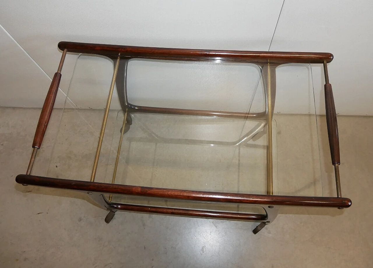 Wooden and brass trolley with glass shelves, 1960s 1373605