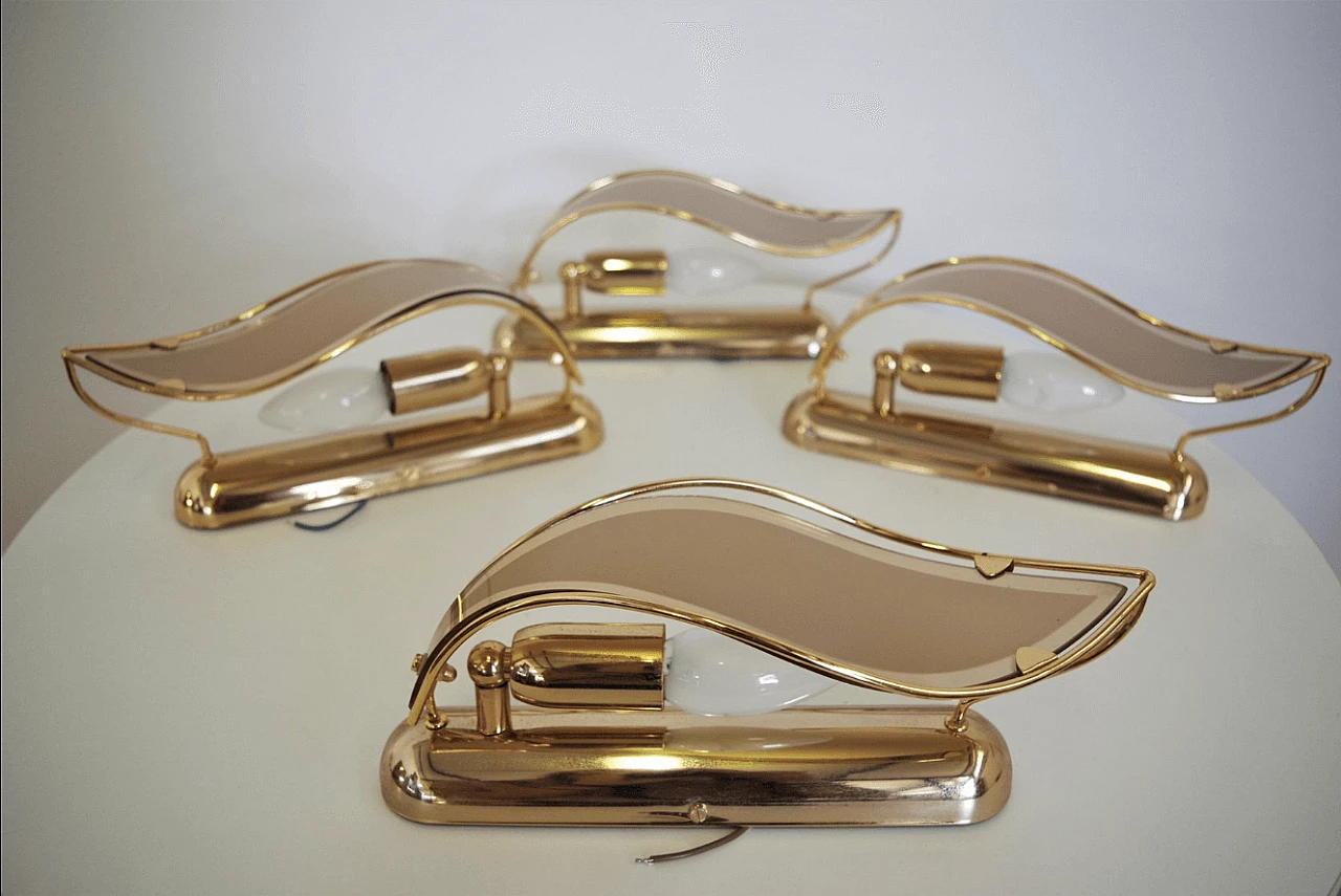 4 gilded metal and glass wall lights, 1970s 1373844