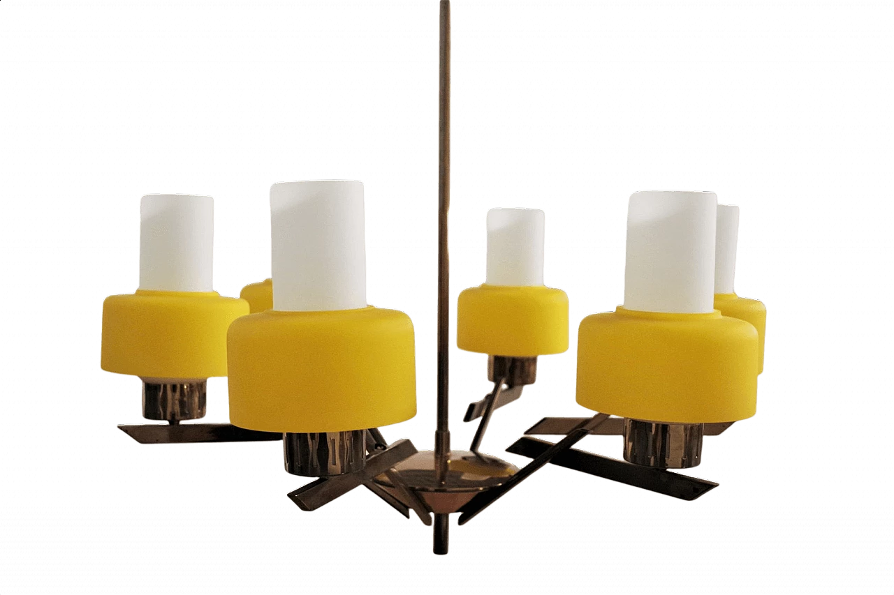 Lampadario a 6 luci in ottone e vetro, anni '70 1373979