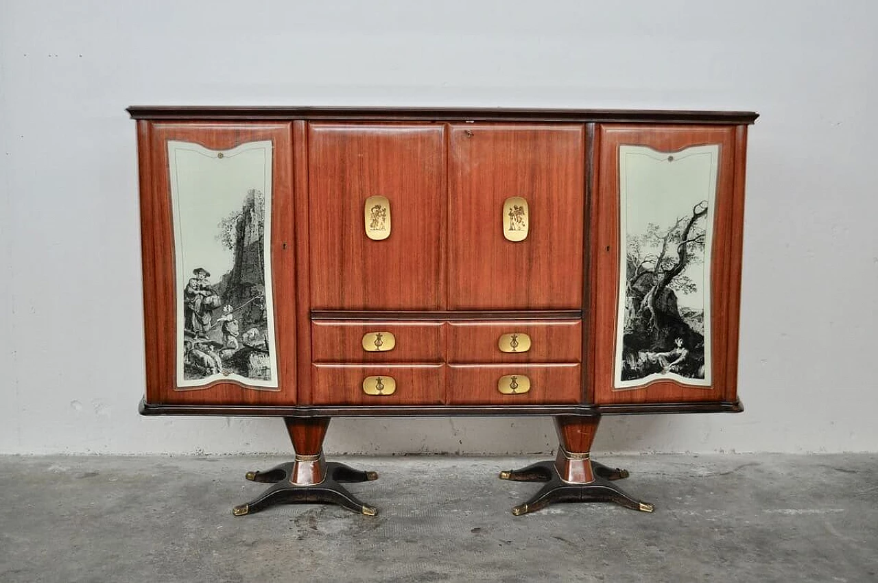Mahogany, pearwood, brass and glass sideboard with allegorical designs by F.lli Rigamonti Desio, 1940s 1374030