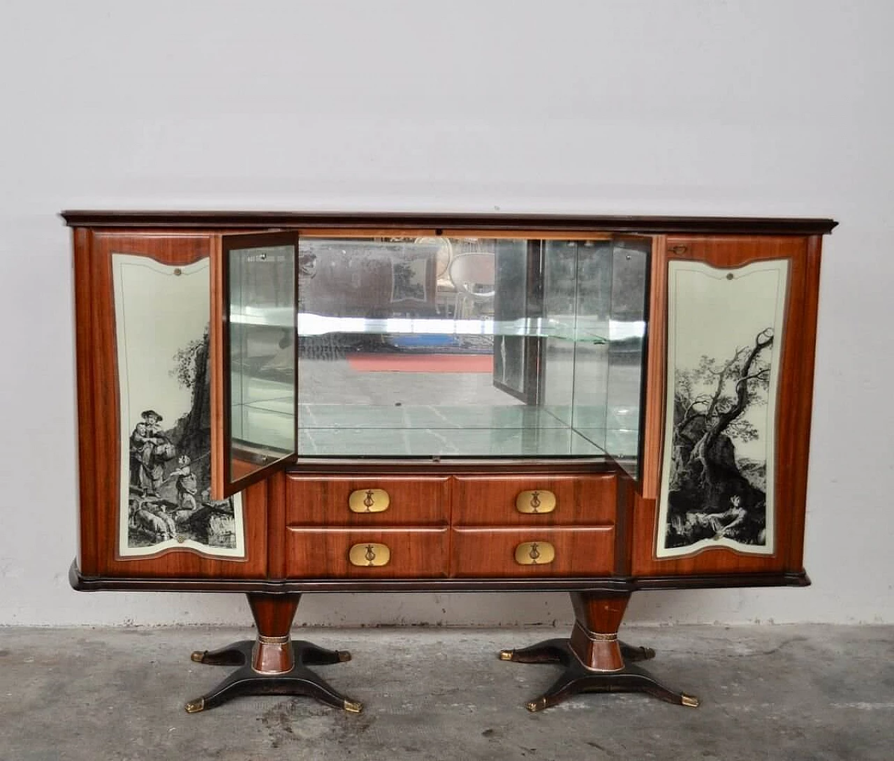 Mahogany, pearwood, brass and glass sideboard with allegorical designs by F.lli Rigamonti Desio, 1940s 1374031