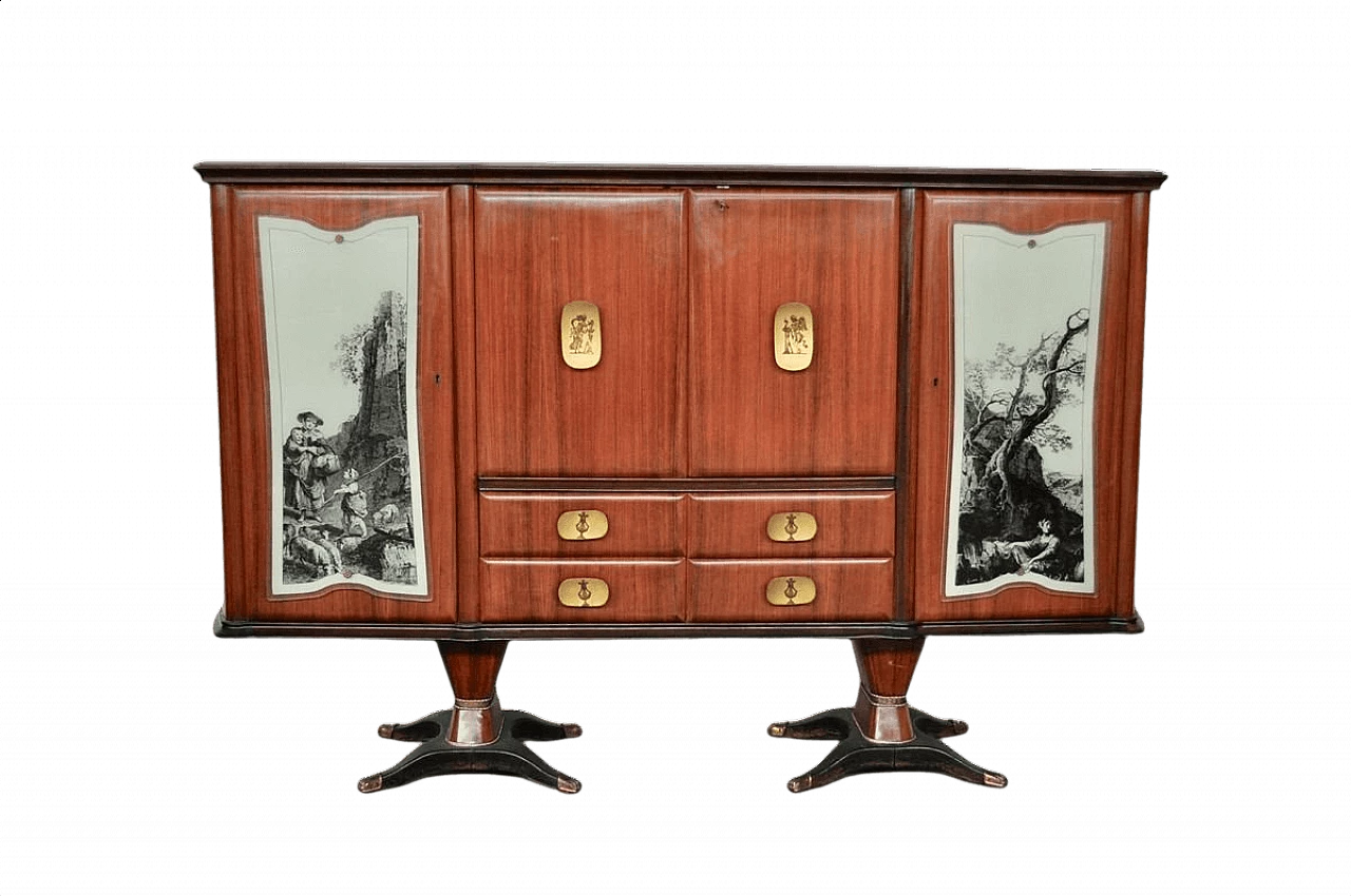 Mahogany, pearwood, brass and glass sideboard with allegorical designs by F.lli Rigamonti Desio, 1940s 1374056