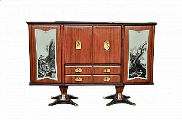 Mahogany, pearwood, brass and glass sideboard with allegorical designs by F.lli Rigamonti Desio, 1940s