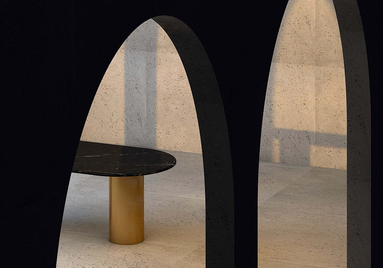 Tavolo da pranzo Ellisse Nq1 in acciaio dorato e marmo nero 1374443