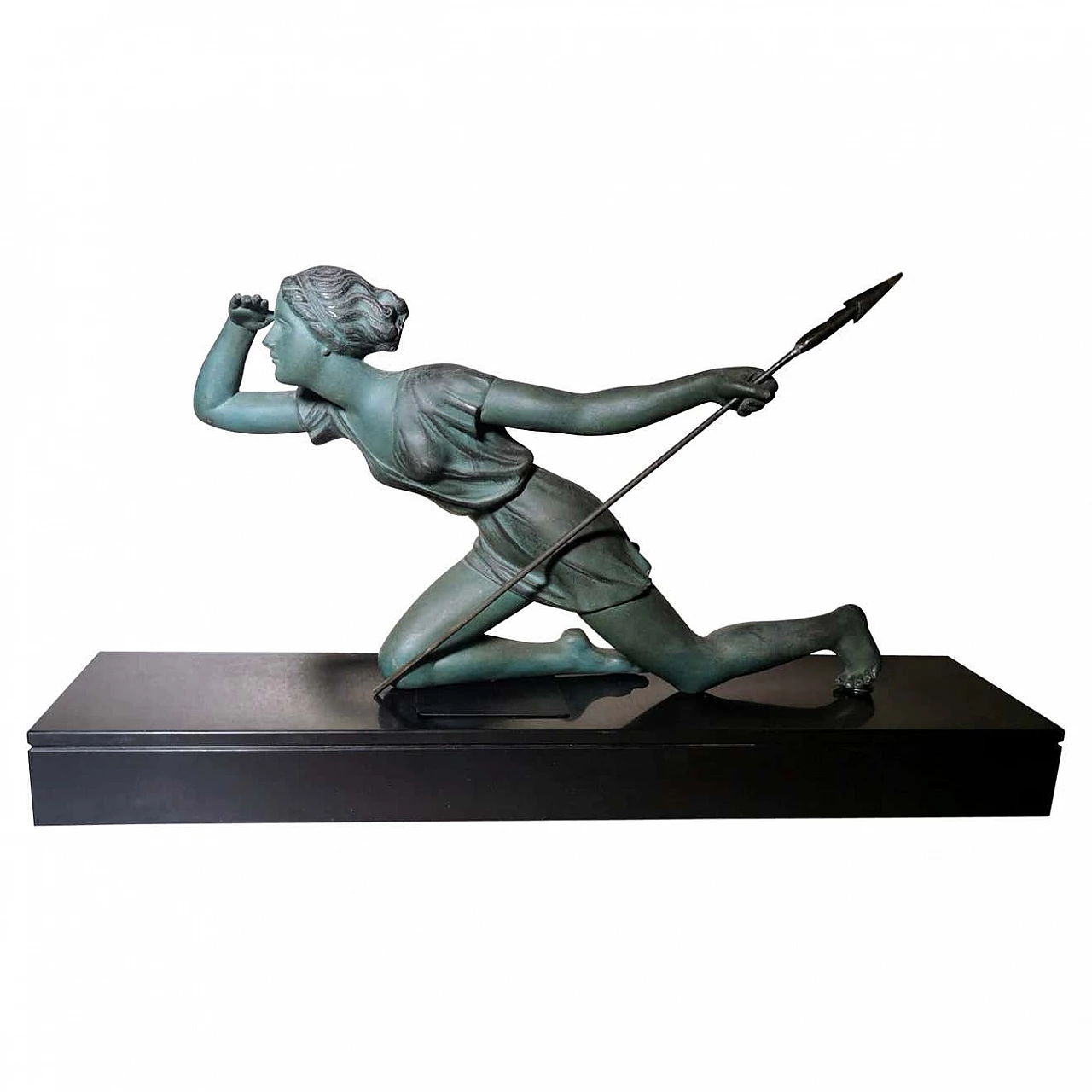 Diana cacciatrice, statua Art Nouveau in bronzo su base in marmo, inizio '900 1374869