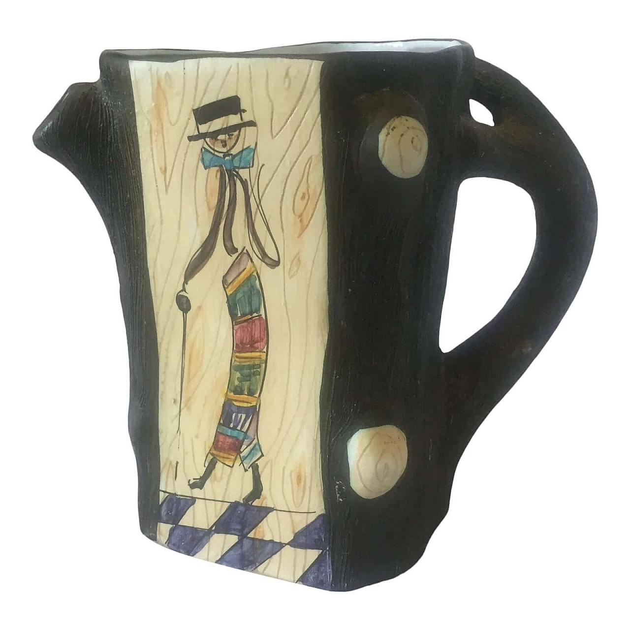 Ceramic jug painted with stylised figures, 1960s 1374954