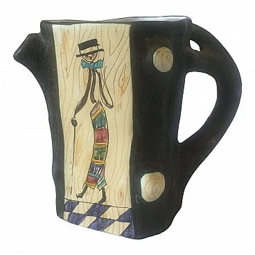 Brocca in ceramica dipinta con figure stilizzate, anni '60