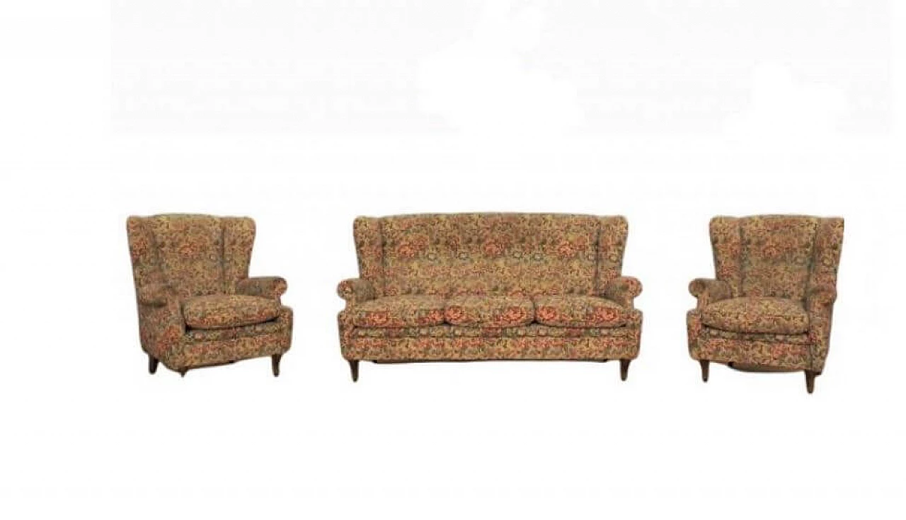 Coppia di poltrone e divano in tessuto damascato, anni '50 1375123