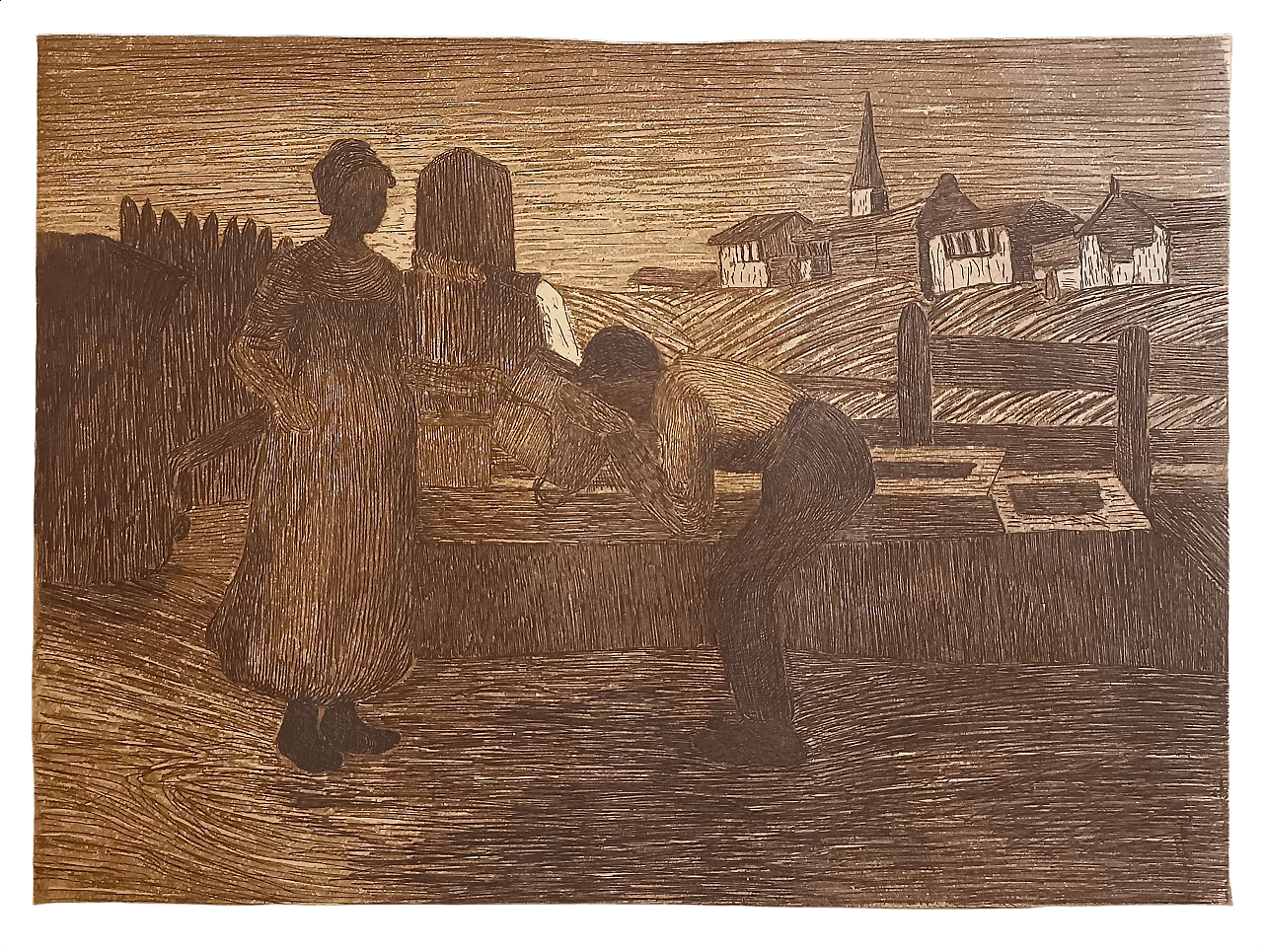 Attributed Gottardo Segantini, Love at the Fountain, etching 1375353