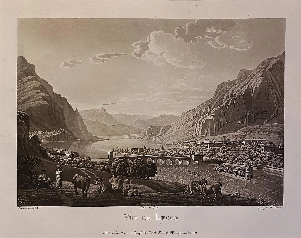 Antonio Lanzani, Vue de Lecco, aquatint, 19th century 1375390