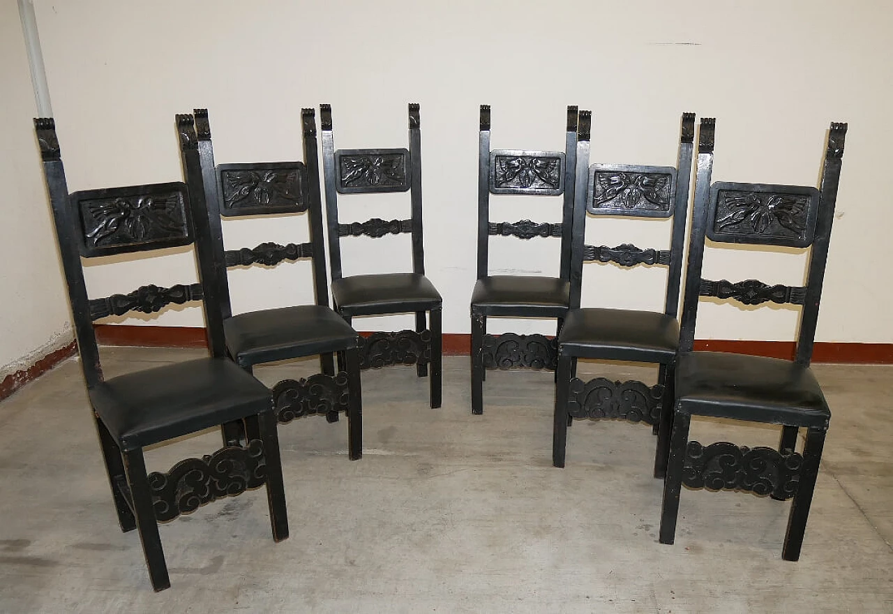 6 Renaissance-style chairs in black-stained wood, 1930s 1375411