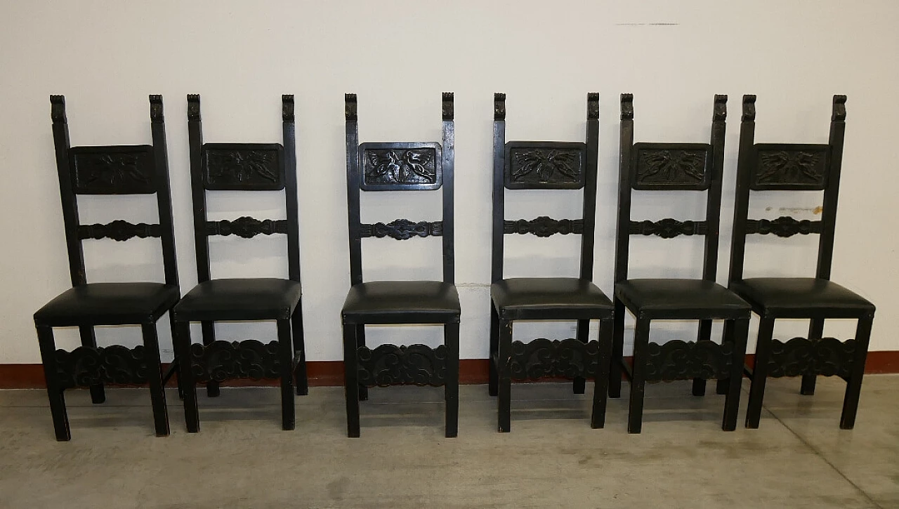 6 Renaissance-style chairs in black-stained wood, 1930s 1375412