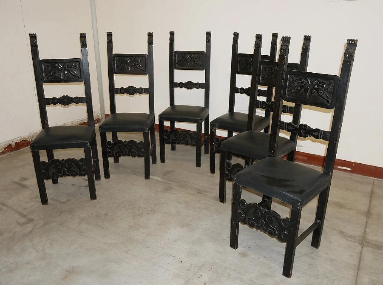 6 Renaissance-style chairs in black-stained wood, 1930s 1375422