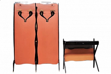 Wall mounted coat rack in peach colour and black wooden console, 1950s
